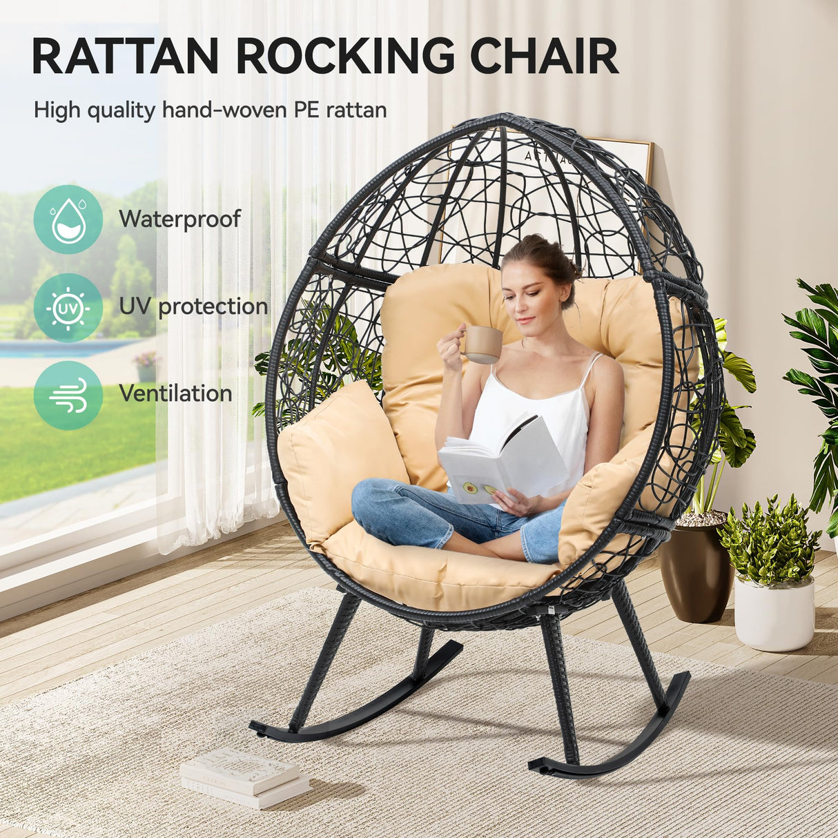 YITAHOME Rocking Egg Chair with Cushioned Comfort, 250lb Capacity, Anti-Slip, All-Weather Resilient Wicker Rattan Design for Indoor & Outdoor Relaxation Spaces, Beige YITAHOME