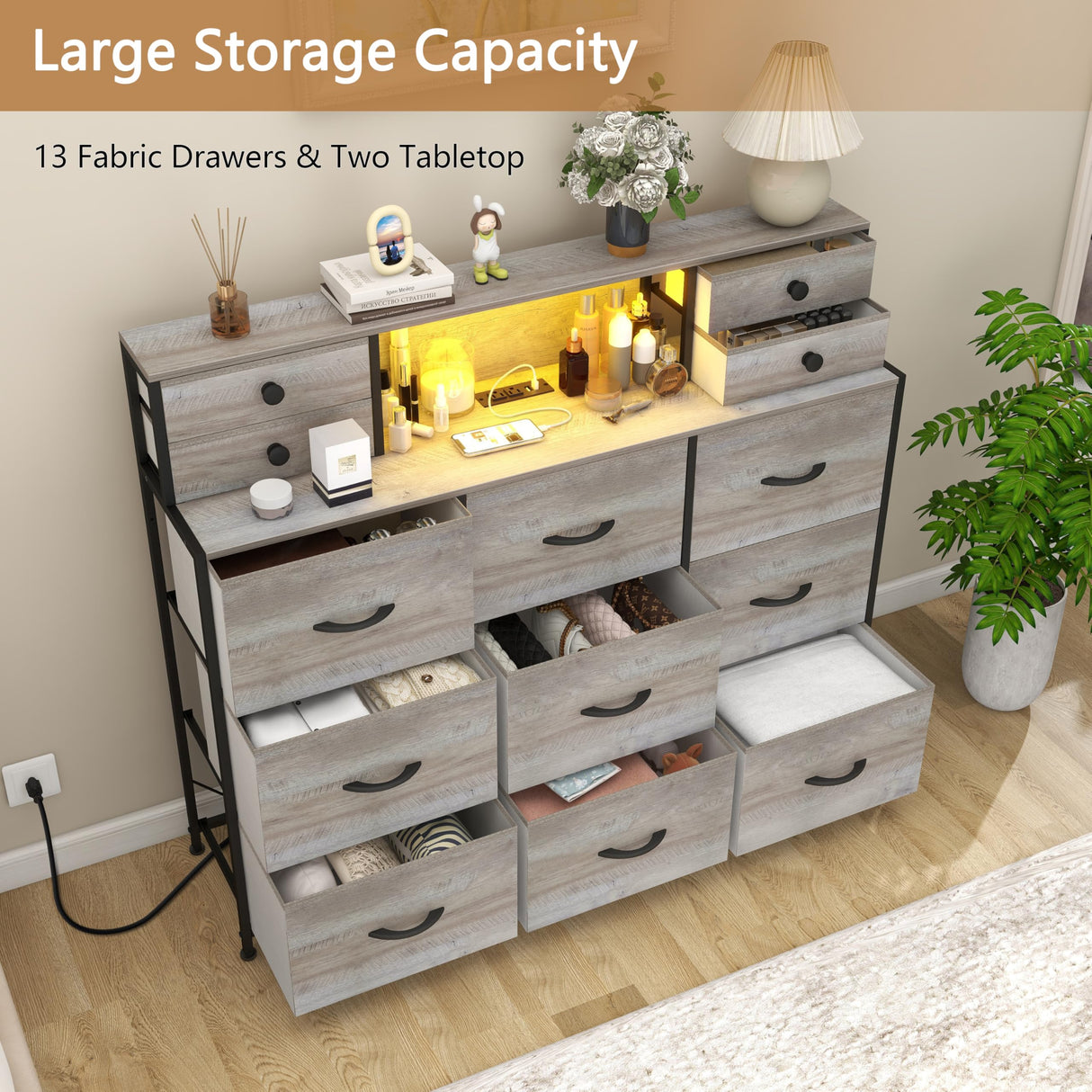 Welfuturer Grey Dresser with Power Outlets and LED Lights 13 Drawers Long Dresser for Bedroom Faux Leather Fabric Chest of Drawers for Living Room Hallway Entryway Closets Sturdy Frame Wood Top Welfuturer