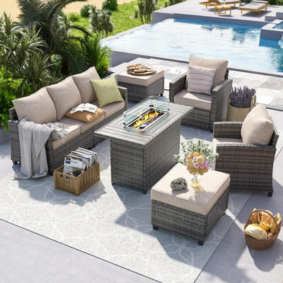 UDPATIO Patio Furniture Set with 44" Fire Pit Table, 6 Pieces Outdoor Sectional Conversation Sets, All-Weather Wicker Rattan Sofa Ottoman with 4" Thick Cushion for Garden Backyard Deck, Khaki