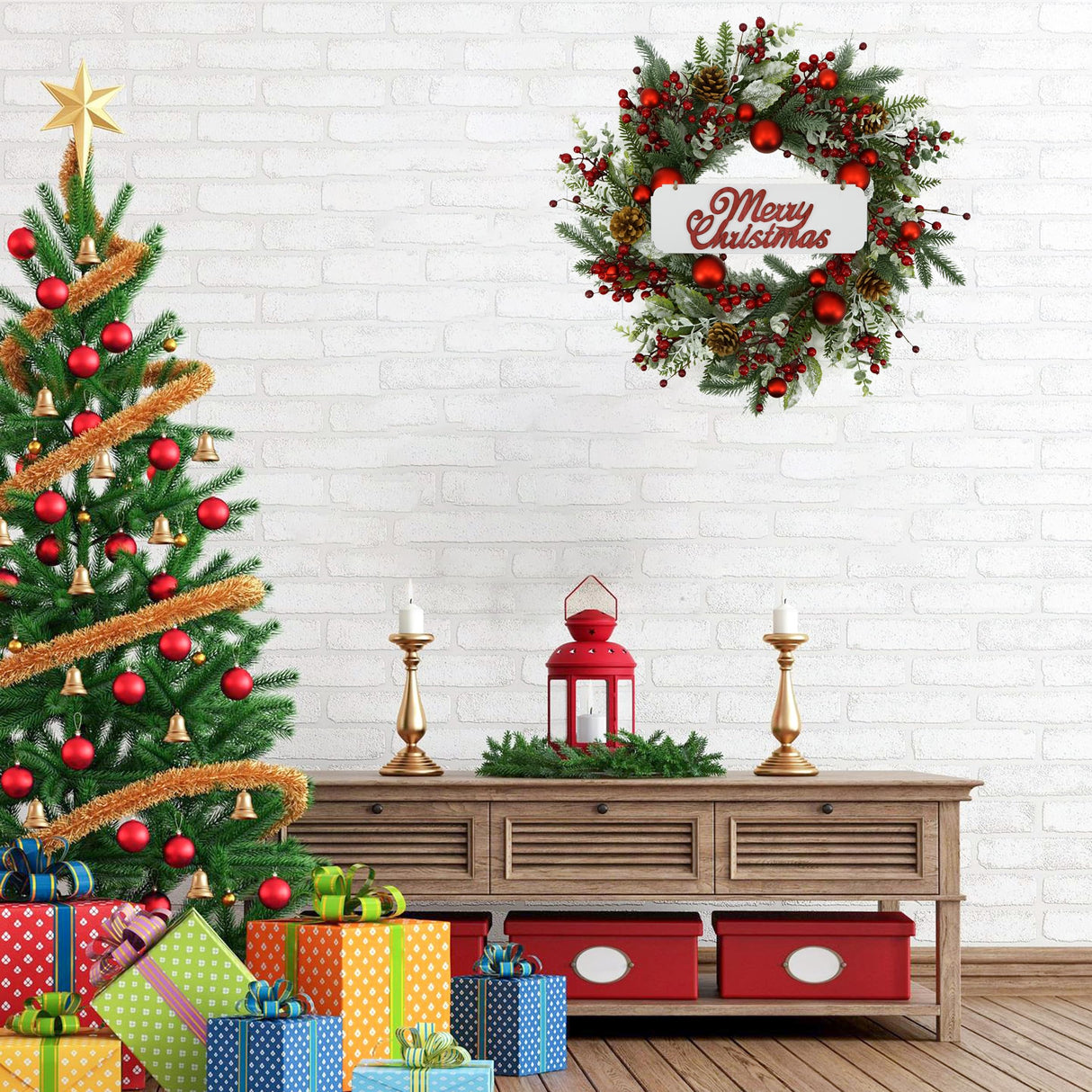 AMF0RESJ 20 inch Artificial Christmas Wreath Winter Wreath with red Ball,red Berry,Pine Needles for Indoor Outdoor Farmhouse Home Wall Window Festival Wedding Decor AMF0RESJ