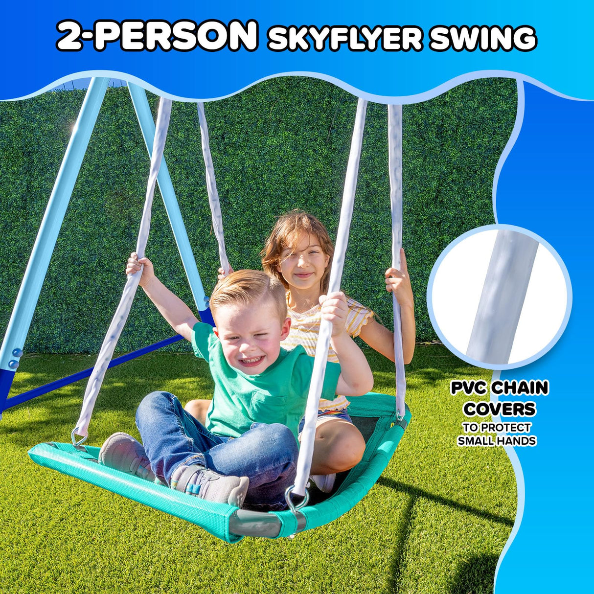 Sportspower Ramona Metal Swing Set 7-in 1: 3 Swings, Climbing Ladder and net, Basketball Hoop, and 5-ft Blow Molded Slide, 700lb Capacity, Yellow & Blue, Bonus Anchor kit Included Sportspower