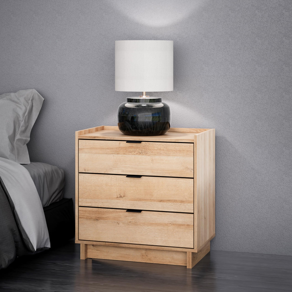 Prepac Simply Modern Nightstand Bedside Table, Natural Oak Nightstand for Bedroom, End Table with 3 Drawers 26.5" W x 26.75" H x 16" D Prepac