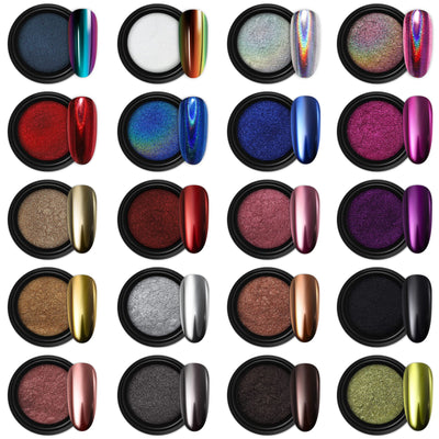 Artdone 20 Jars Chrome Nail Powder Set Metallic Mirror Effect Holographic Aurora Chameleon Pigment 1g/Jar for Nail Art Glitters Gel Polish Supply Mermaid Unicorn Kit