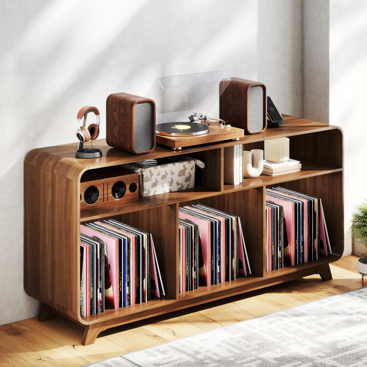 Boweniog Record Player Stand with Vinyl Storage Cabinet with Charging Station & USB Ports, Turntable Stand Table Holds Up to 350 Albums, Curved Vinyl Record Cabinet for Living Room (Walnut, 55-inch) Boweniog