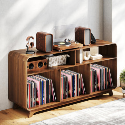 Boweniog Record Player Stand with Vinyl Storage Cabinet with Charging Station & USB Ports, Turntable Stand Table Holds Up to 350 Albums, Curved Vinyl Record Cabinet for Living Room (Walnut, 55-inch)