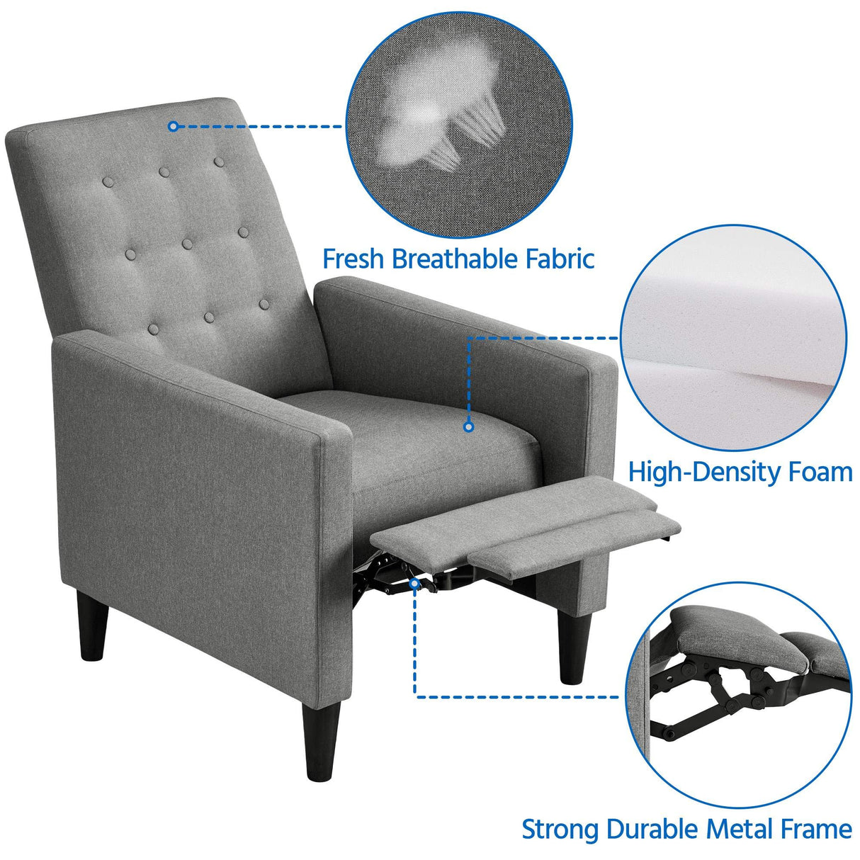 Yaheetech Fabric Recliner Chair Mid-Century Modern Recliner Adjustable Single Recliner Sofa with Thicker Seat Cushion Tufted Upholstered Sofa with Pocket Spring for Living Room Bedroom Gray Yaheetech