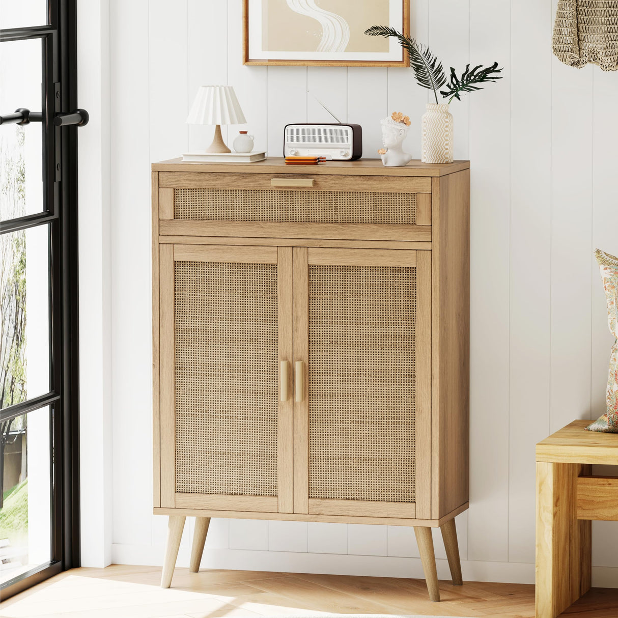 Rovaurx Accent Floor Storage Cabinet with Rattan Doors, Bathroom Cabinet with Large Drawer, Freestanding Storage Cabinet Organizer, Natural BMGZ107M Rovaurx