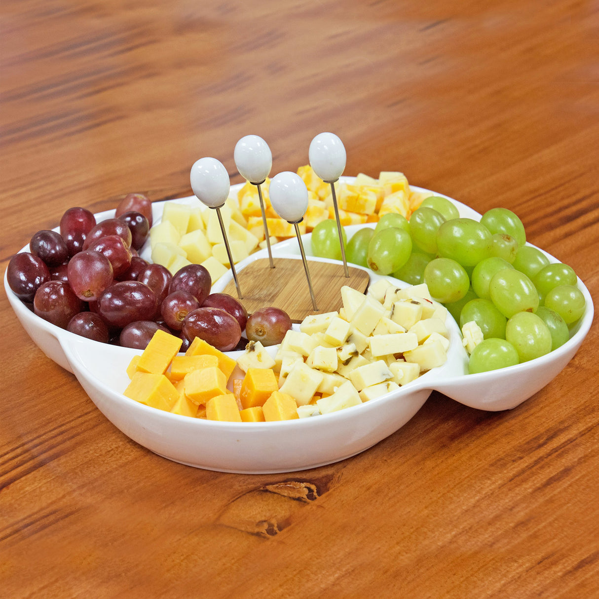 MyGift Decorative White Ceramic Charcuterie Platter Appetizer Olive Bowl Serving Tray with Food Picks and Wood Holder MyGift