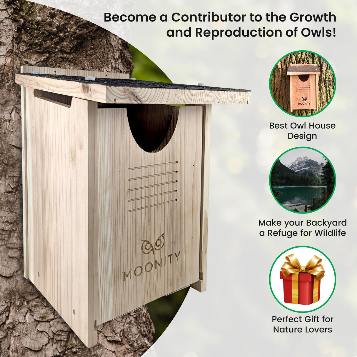 Owl House Cedar - Waterproof Owl Boxes for Outside - Nesting Box for Barn, Screech, Barred - Owl Box 16“ x 12” x 11” - Easy to Install - Bags of Cedar Wood Shavings Moonity