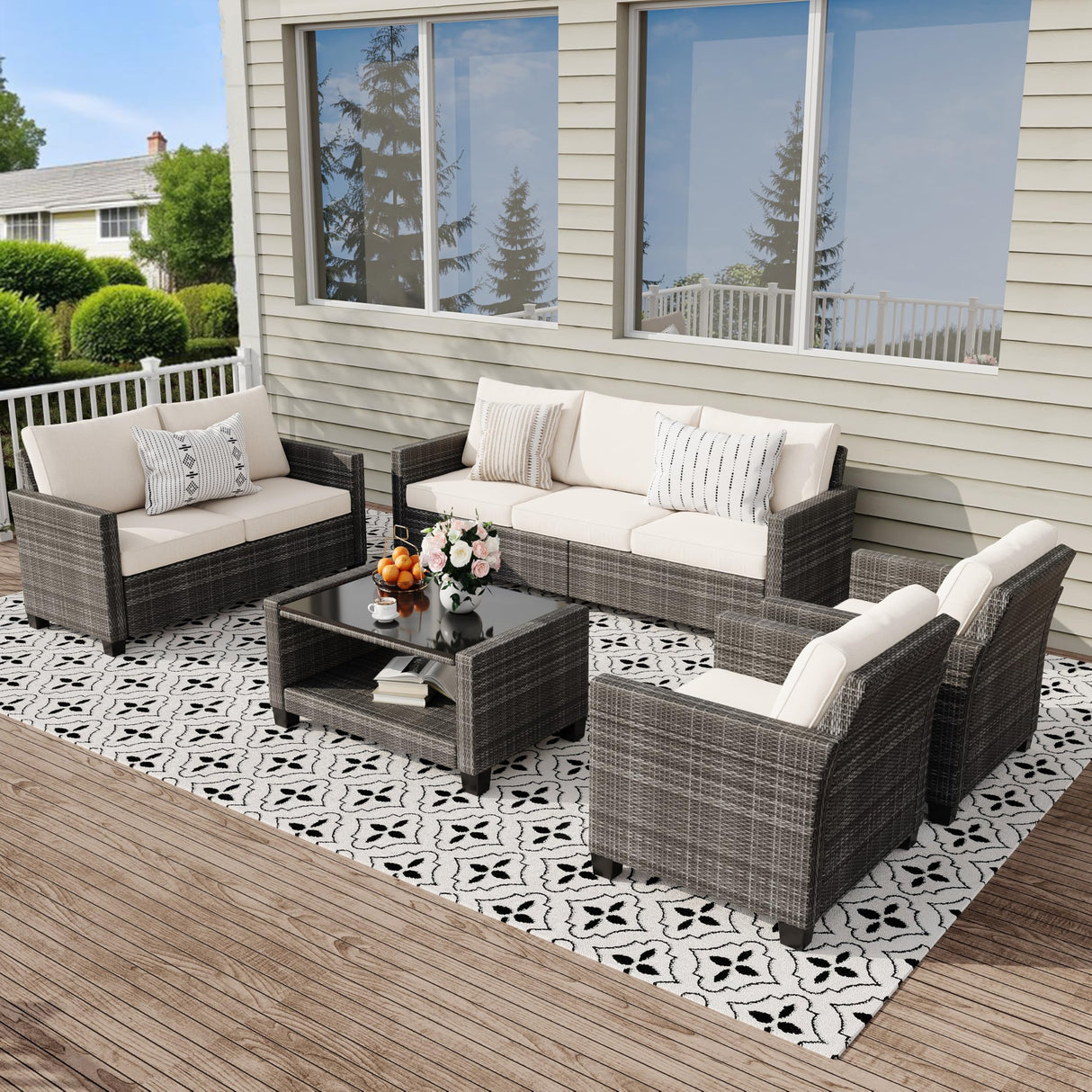 Garvee Patio Furniture Set 5 Pieces, 7-Seat PE Rattan Wicker Outdoor Sectional Patio Conversation Set with Waterproof Cusions and Coffee Table, Grey Rattan and Beige Cushion Garvee