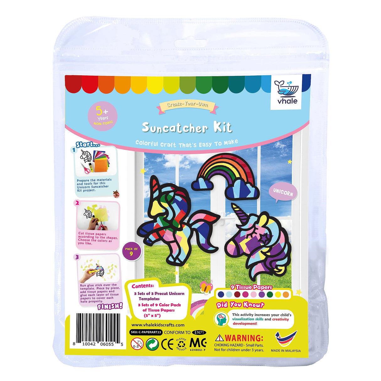 VHALE Suncatchers Craft 3 Sets (9 Cutouts) w Tissue Papers Stained Glass Effect Paper Sun Catcher Kit, Window Art, Classroom Crafts, Creative Art Projects, Kids Party Favors (Unicorn) VHALE