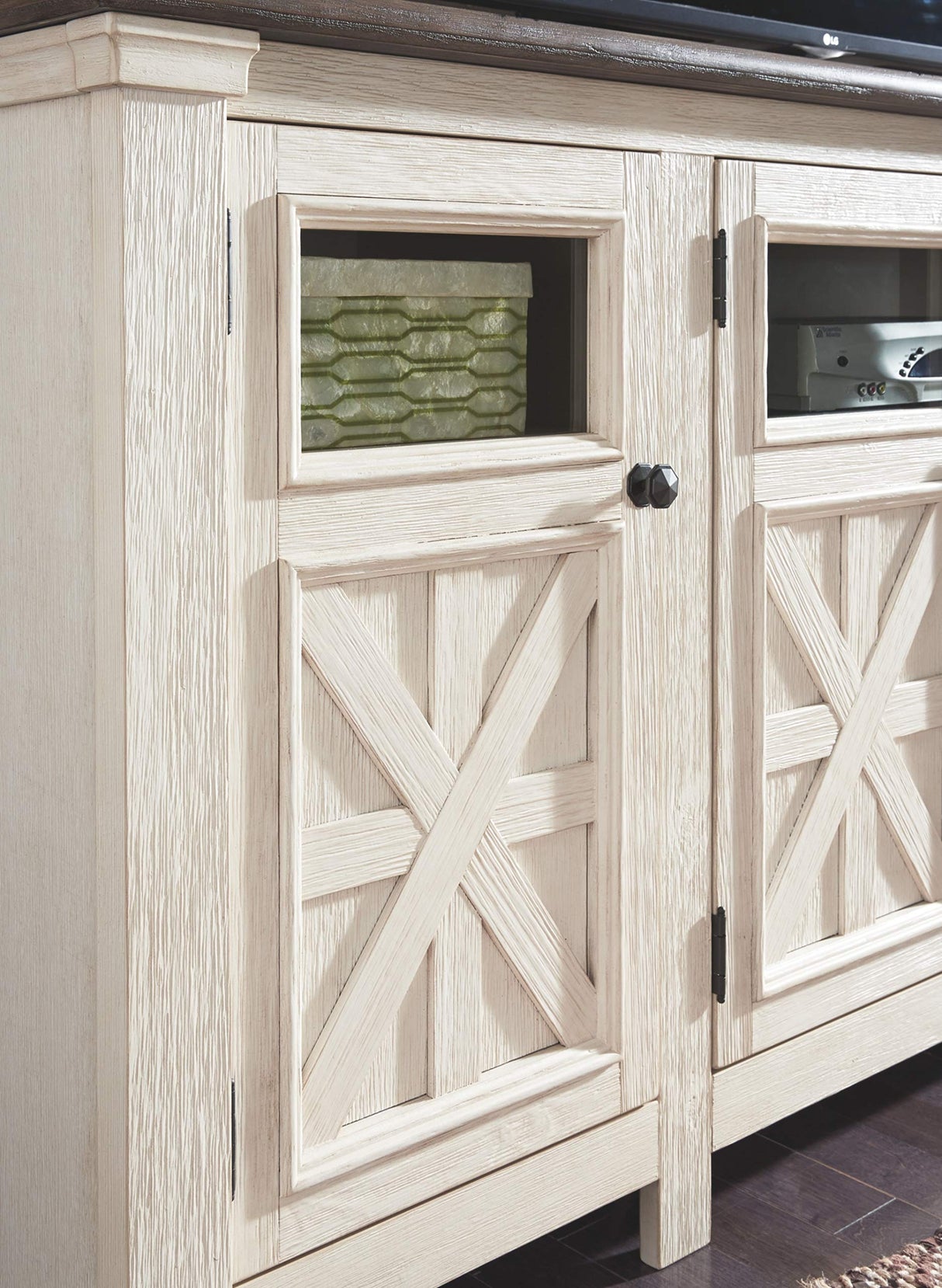 Signature Design by Ashley Bolanburg Two Tone Farmhouse TV Stand, Fits TVs up to 72", 3 Cabinets and Adjustable Storage Shelves, Whitewash Signature Design by Ashley