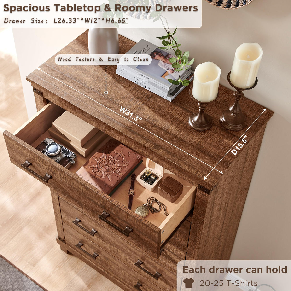 Farmhouse 5 Drawers Dresser for Bedroom, Tall Chest of Drawers with Thick Plank Styling, Wood Rustic Closet Dresser for Bedroom, Living Room, Reclaimed Barnwood RedLemon