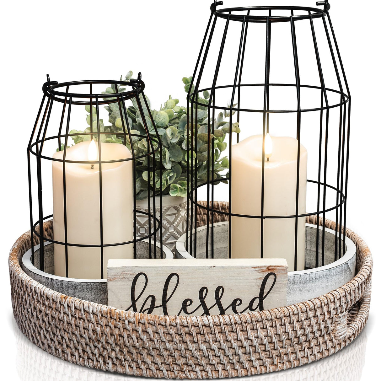 Rustic Farmhouse Lantern Decor Set of 2 - Stylish Decorative Lanterns for Your Living Room, Fireplace Mantle or Kitchen Dining Table - Modern Upscale Beauty for Your Entire Home KIBAGA