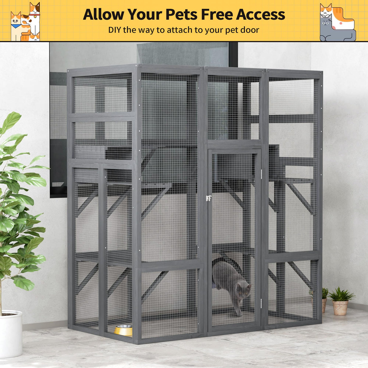 COZIWOW 70Inches Large Spacious Wooden Outdoor Cat Catio with Perches and Condos, Cat Cage Enclosure Indoor Kitty Window Kennel with Waterproof Roof, 7 Platforms & 2 Resting Box, UV Resistant (Grey) COZIWOW