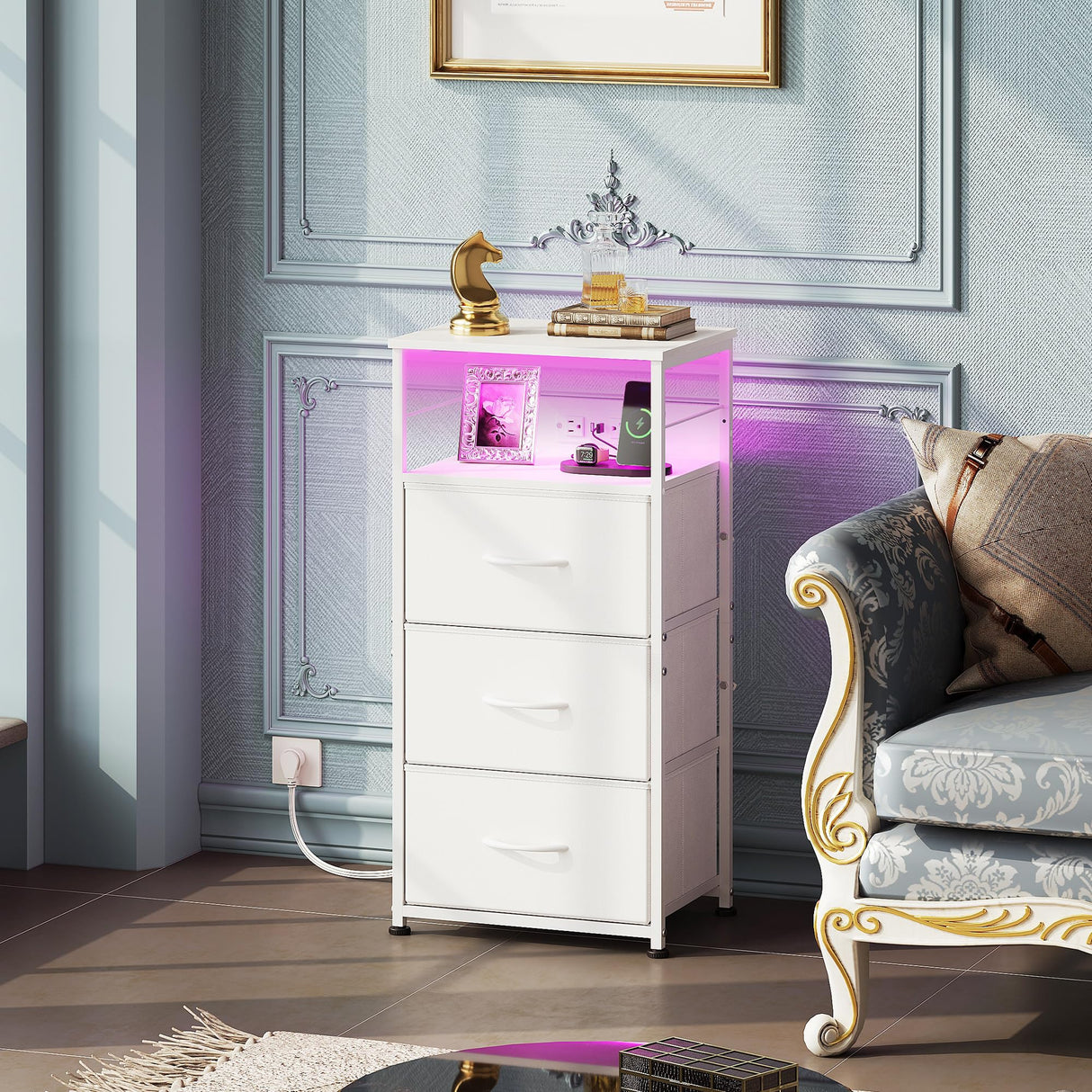 WLIVE White Night Stand with Charging Station, LED Nightstand with 3 Fabric Drawers, Tall Bedside Table with 3 USB Ports and 2 Outlets, Dresser for Small Space, 31.93" H Side Table for Bedroom WLIVE