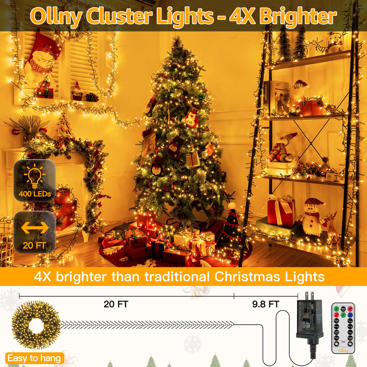 Ollny Cluster Lights Christmas 400LED 20FT, Warm White Christmas Tree Lights 8 Modes Timer Remote, Waterproof Connectable String Lights for Outdoor Indoor Outside Garland Xmas Decorations Ollny