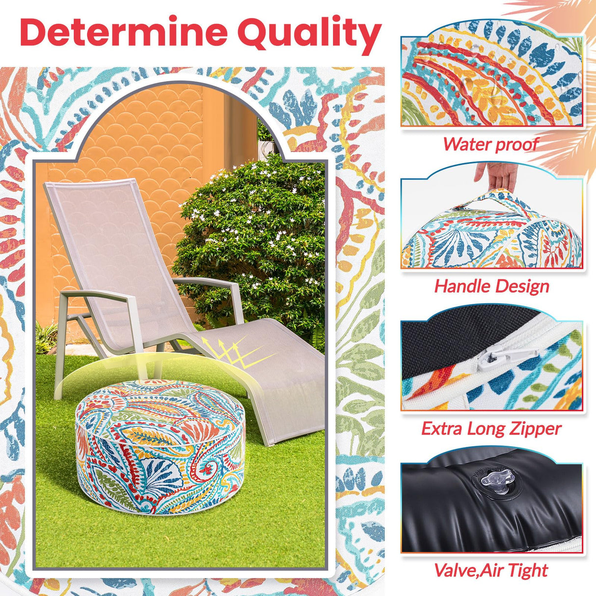 Juexica 2 Pack Outdoor/Indoor Inflatable Ottoman 21 x 9 Inch Paisley All Weather Round Footrest Stool with Handle Water Repellent Portable Footstool Pouf for Patio Garden Camping Home Deck Travel Juexica