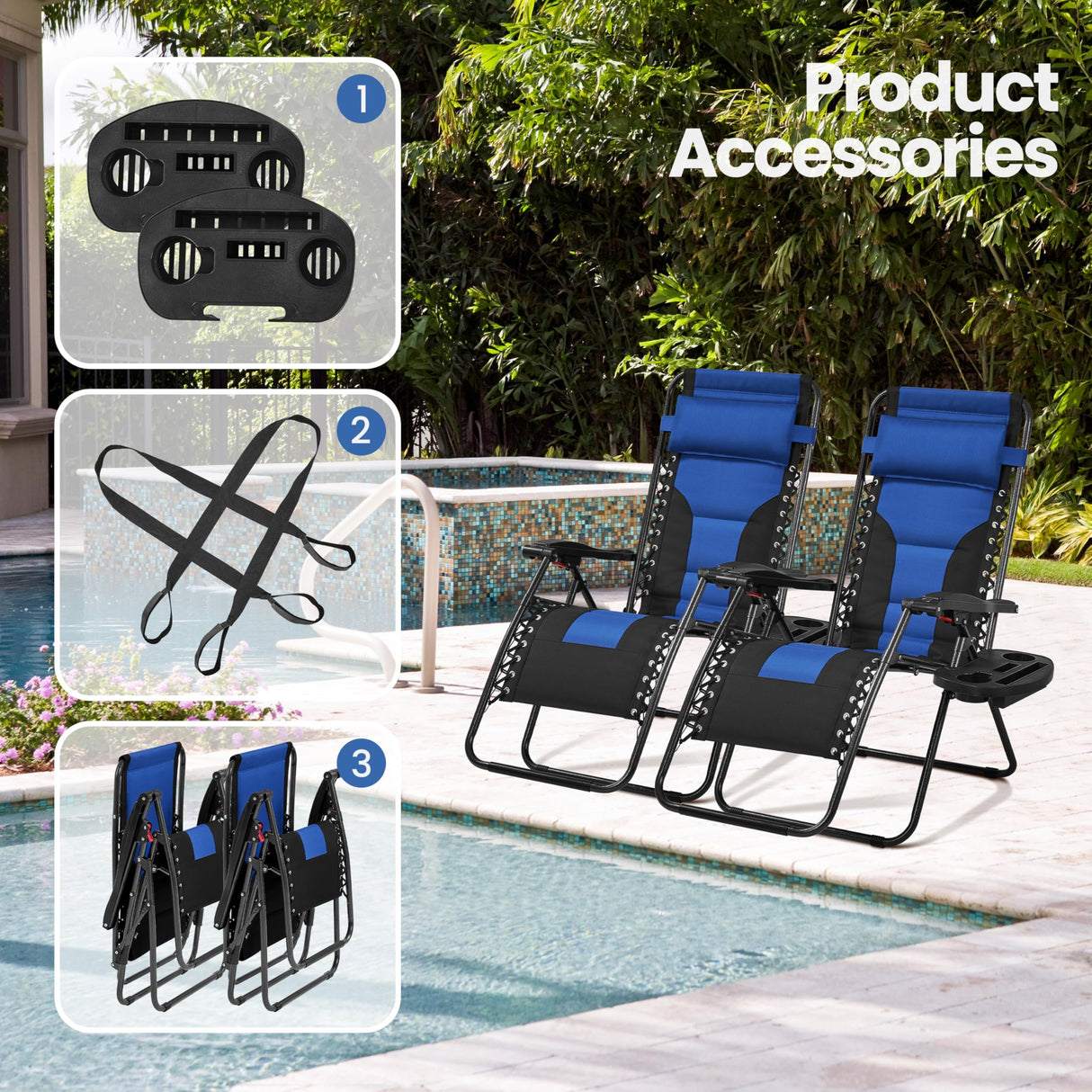 Yaheetech Padded Zero Gravity Recliner, Foldable Outdoor Patio Chairs, Adjustable Anti Gravity Lounger for Backyard Camping w/Carry Strap, Cup Holder, Pillow Navy Blue/Black Set of 2 Yaheetech