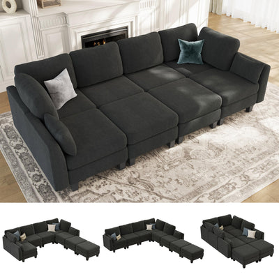 Dowiean Sectional Sleeper Sofa, 8 Seaters Modular Sleeper Sofa Couch, Comfy Sectionals Couches Bed, Convertible Sofas with Ottomans, Modular Sectional Couches for Living Room, Dark Grey