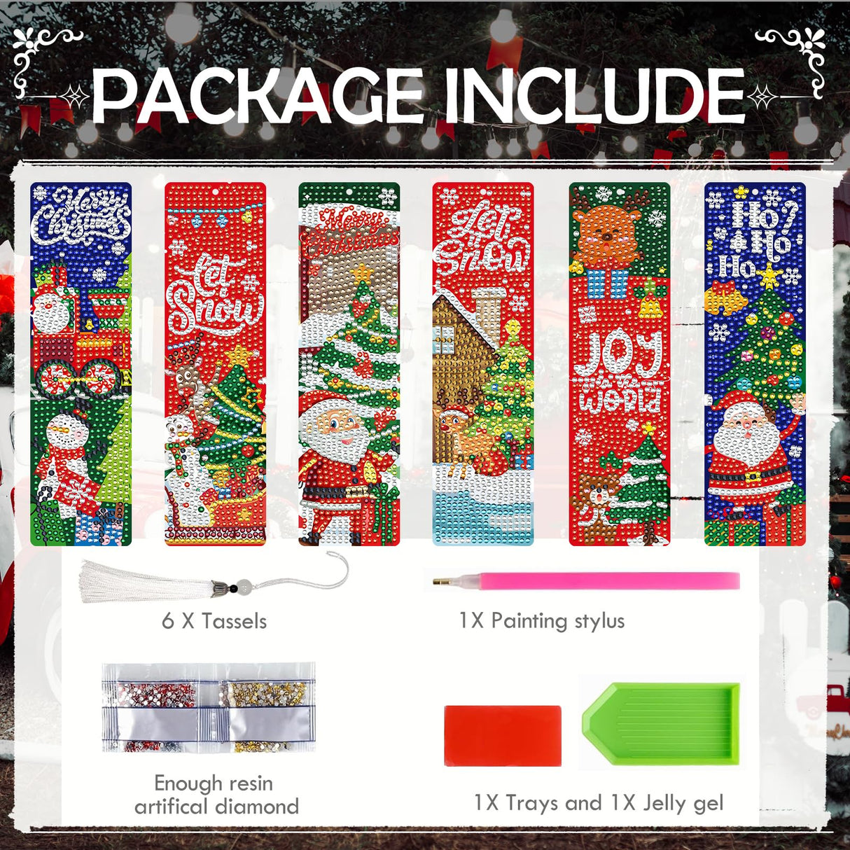 INCOK Christmas Diamond Painting Bookmarks - 6 PCS Diamond Art Bookmarks Set with Tessel DIY Santa Claus Snowman Christmas Tree Reindeer Gem Art Craft Funny Merry Xmas Gift for Book Lover Students INCOK