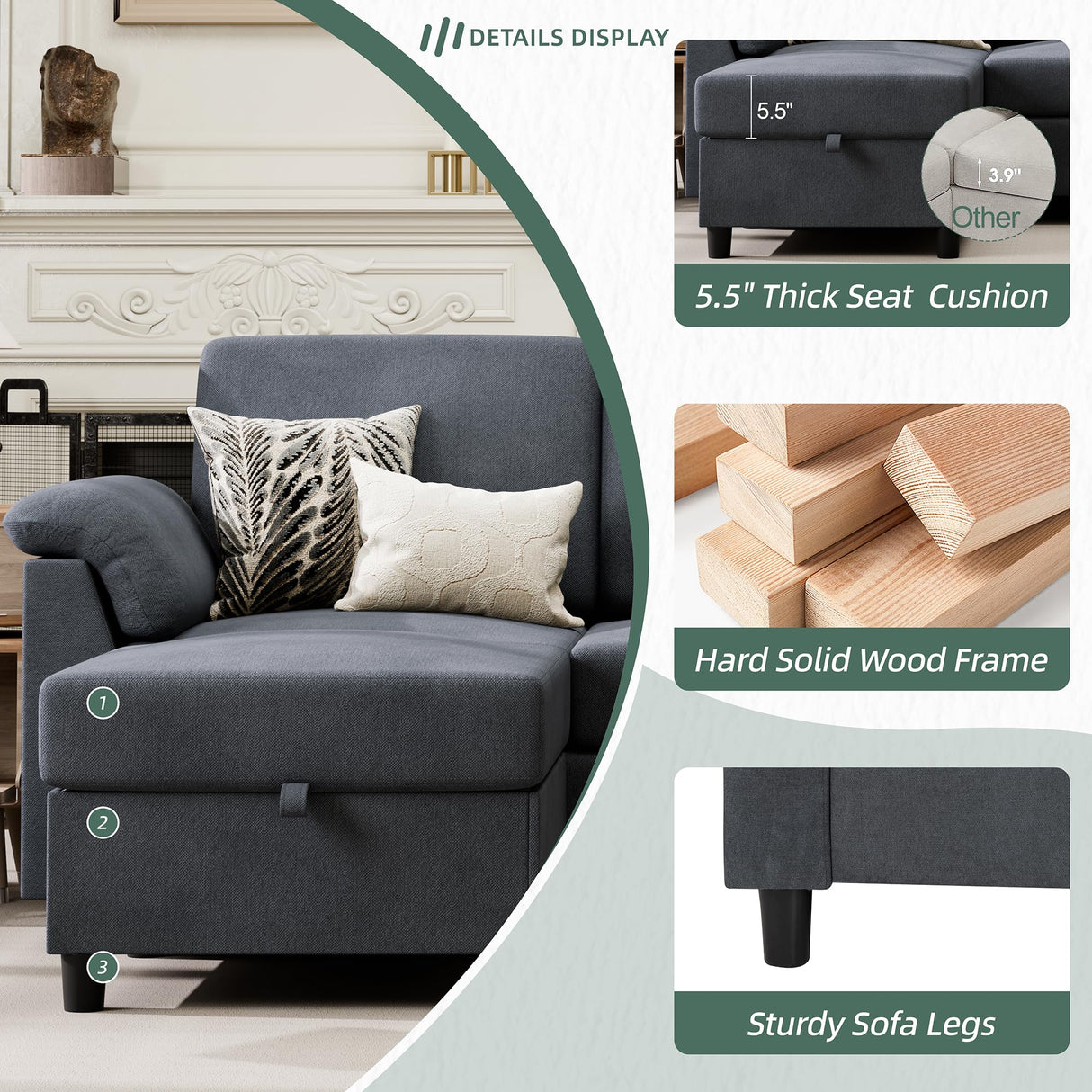 Vongrasig Convertible Sectional Sofa Couch, 3 Seat L Shaped Sofa with Removable Pillows Linen Fabric Small Couch Mid Century for Living Room, Apartment and Office Gray Vongrasig