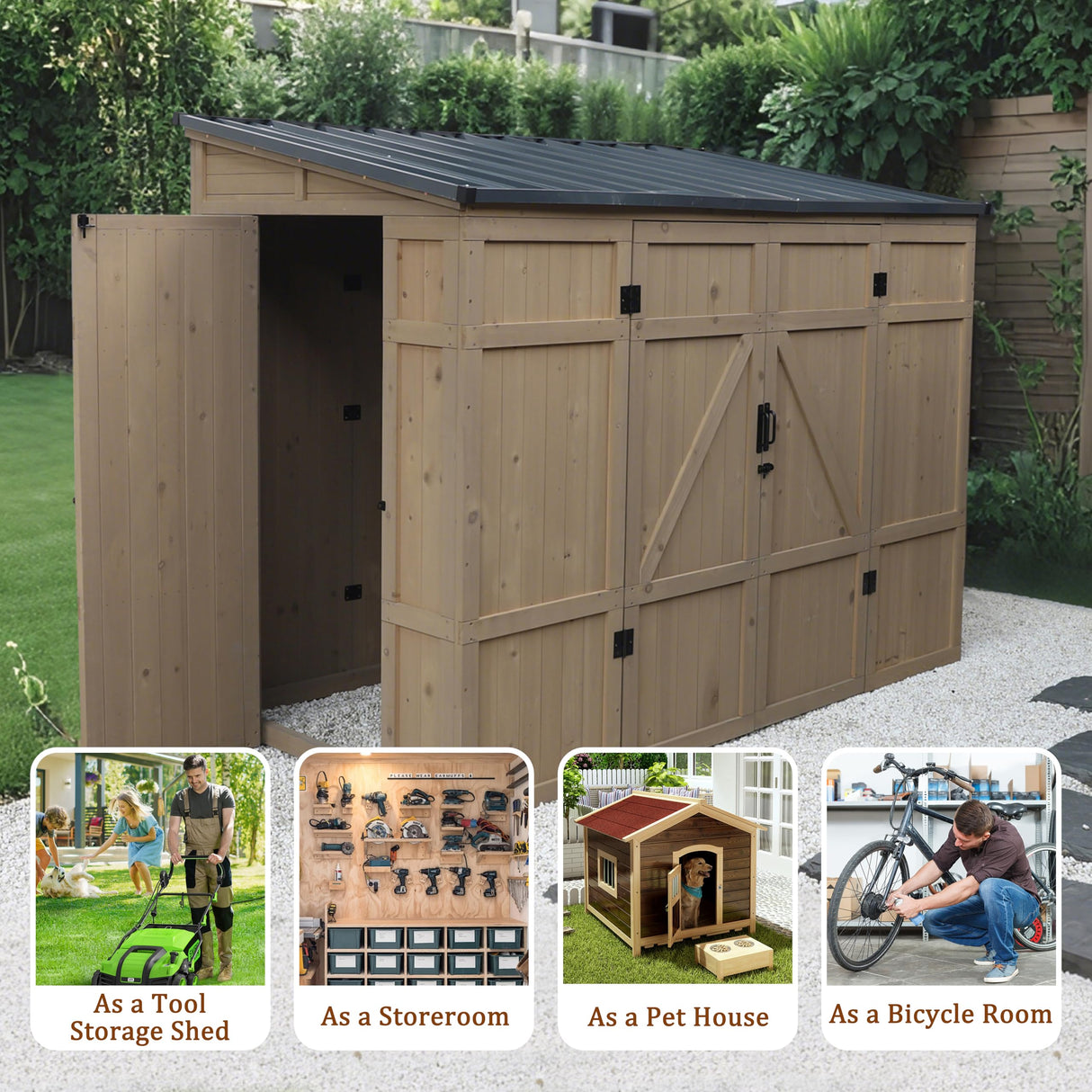 MUPATER 8×4 FT Wooden Storage Shed for Outdoor, Lean-to Shed Kit with Thickened Galvanized Steel Panels, Double Wide Door & Extra Side Door, Wooden Tools Shed with Air Vents for Patio Garden MUPATER