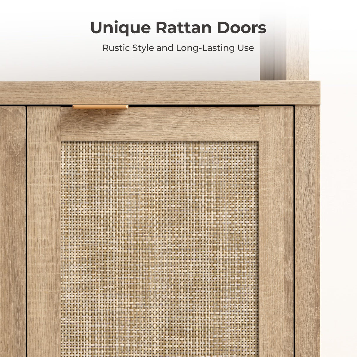 SICOTAS Tall Farmhouse Kitchen Pantry Storage Cabinet, Wooden Pantry Cabinet with Steel Mirror, Power Outlet and Rattan Door, Boho Large Freestanding Cupboard for Kitchen, Dining Room, Light Oak SICOTAS