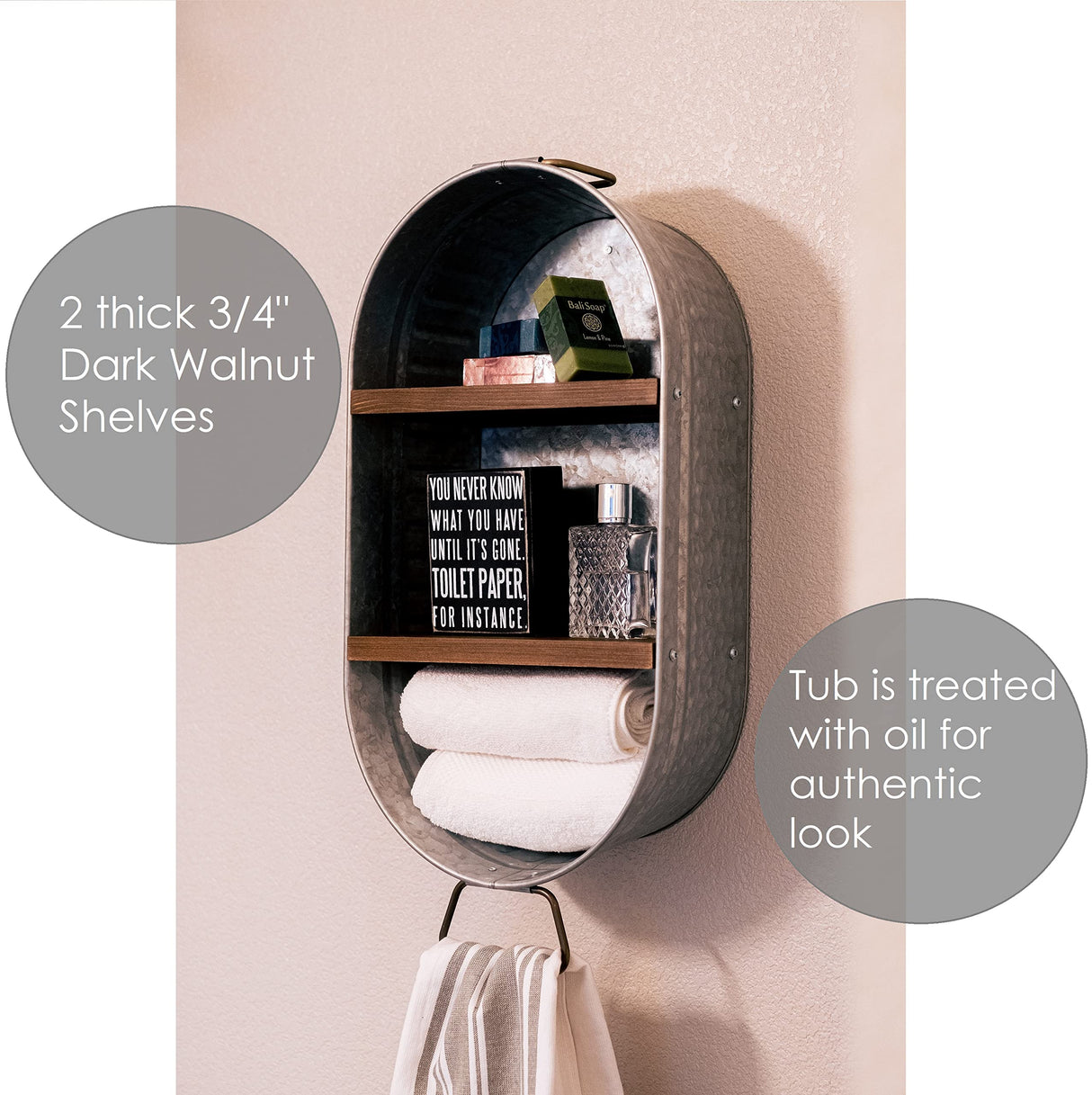 Galvanized Wash Tub with Shelves | Rustic Bathroom Décor | Farmhouse Rustic Bathroom Shelves | Metal Wash Tub Cubby | Galvanized Shelf Wall BARWOOD