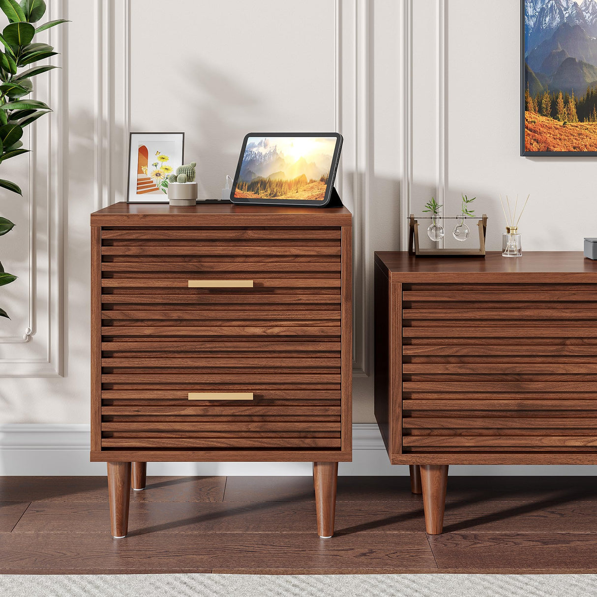 Whalefall Night Stands with Charging Station Set of 2, Mid Century Modern Nightstand, Fluted Bedside Table with Drawer, End Table Bed Side Tables for Bedroom, Accent Tables with Wood Legs, Brown 2pcs Whalefall