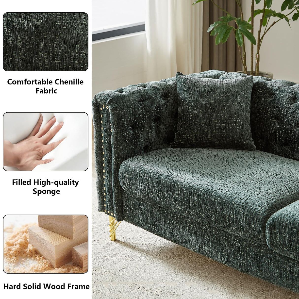 Nestglow Luxury Chenille Buttons Tufted Sofa, 82'' Sectional Sofa, Modern 3 Seater Deep Sectional Couch with Copper Nail Decoration and Gold Metal Legs for Living Room, Bedroom, Apartment, Green Nestglow