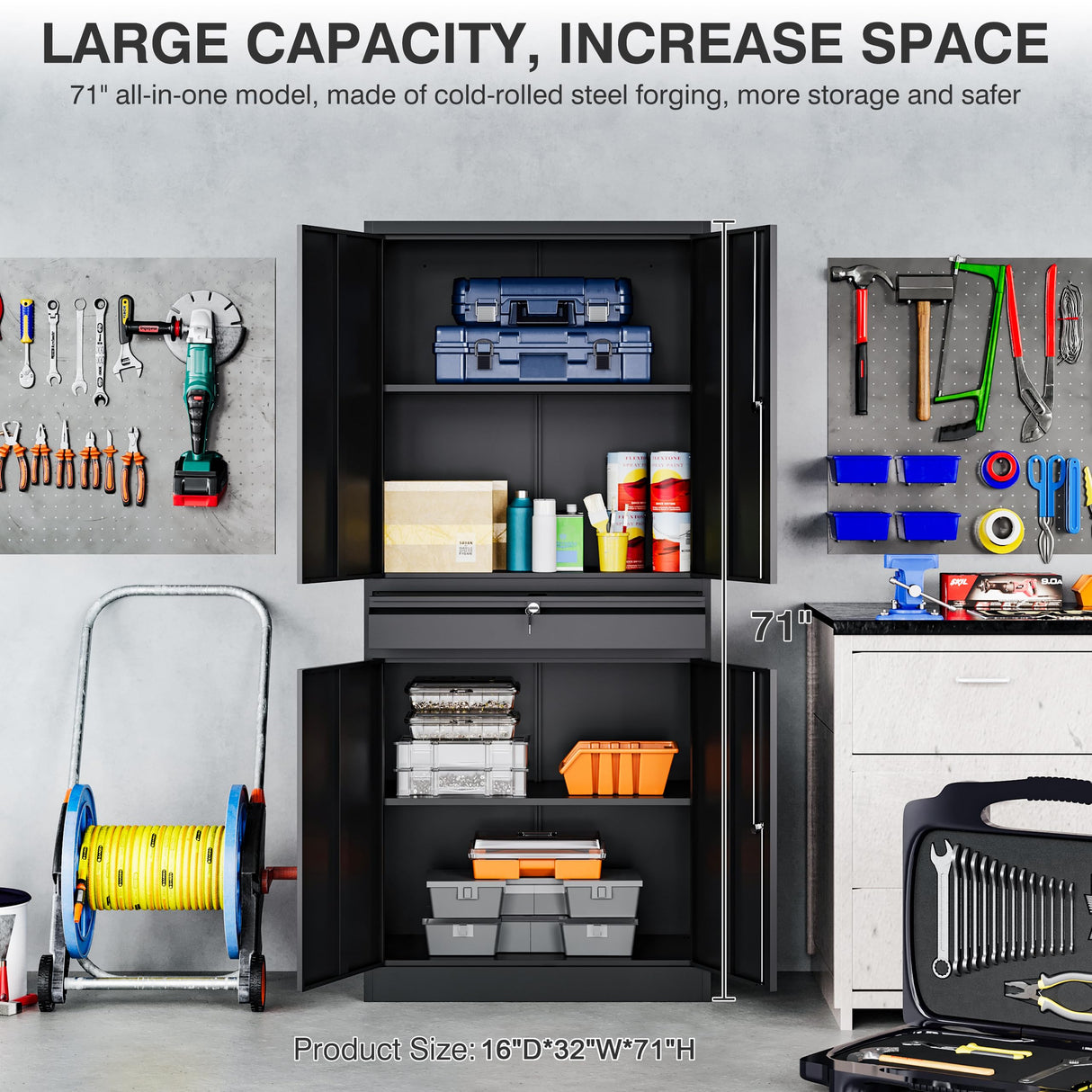 SISESOL Metal Garage Storage Cabinet with Doors and Shelves, 71" Multifunctional Garage Storage Closet Large Garage Locker with Adjustable Shelves & Locking Doors Steel Storage Tall Cabinet SISESOL