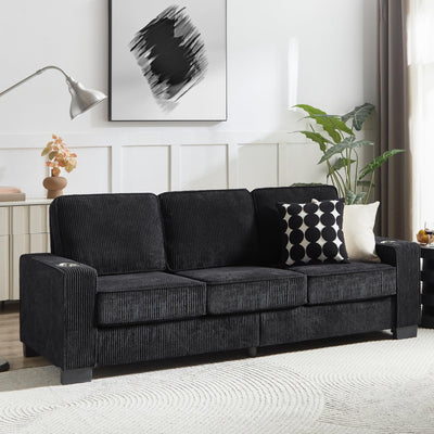 83.86" Couch Sofa with Extra Deep Seat, Modern Corduroy Fabric Sofa Cloud Couch with 2 Cup Holders, Comfy Upholstered 3 Seater Sofa Bed Couches for Living Room, Apartment, Office, Black