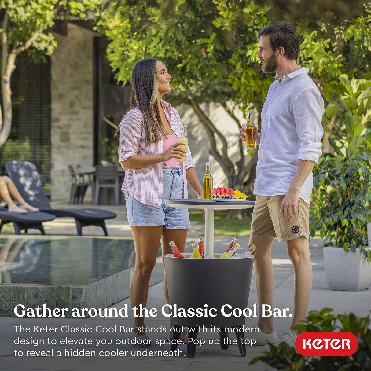 Keter Modern Cool Bar Outdoor Patio Furniture and Hot Tub Side Table with 7.5 Gallon Beer and Wine Cooler, Dark Grey Keter