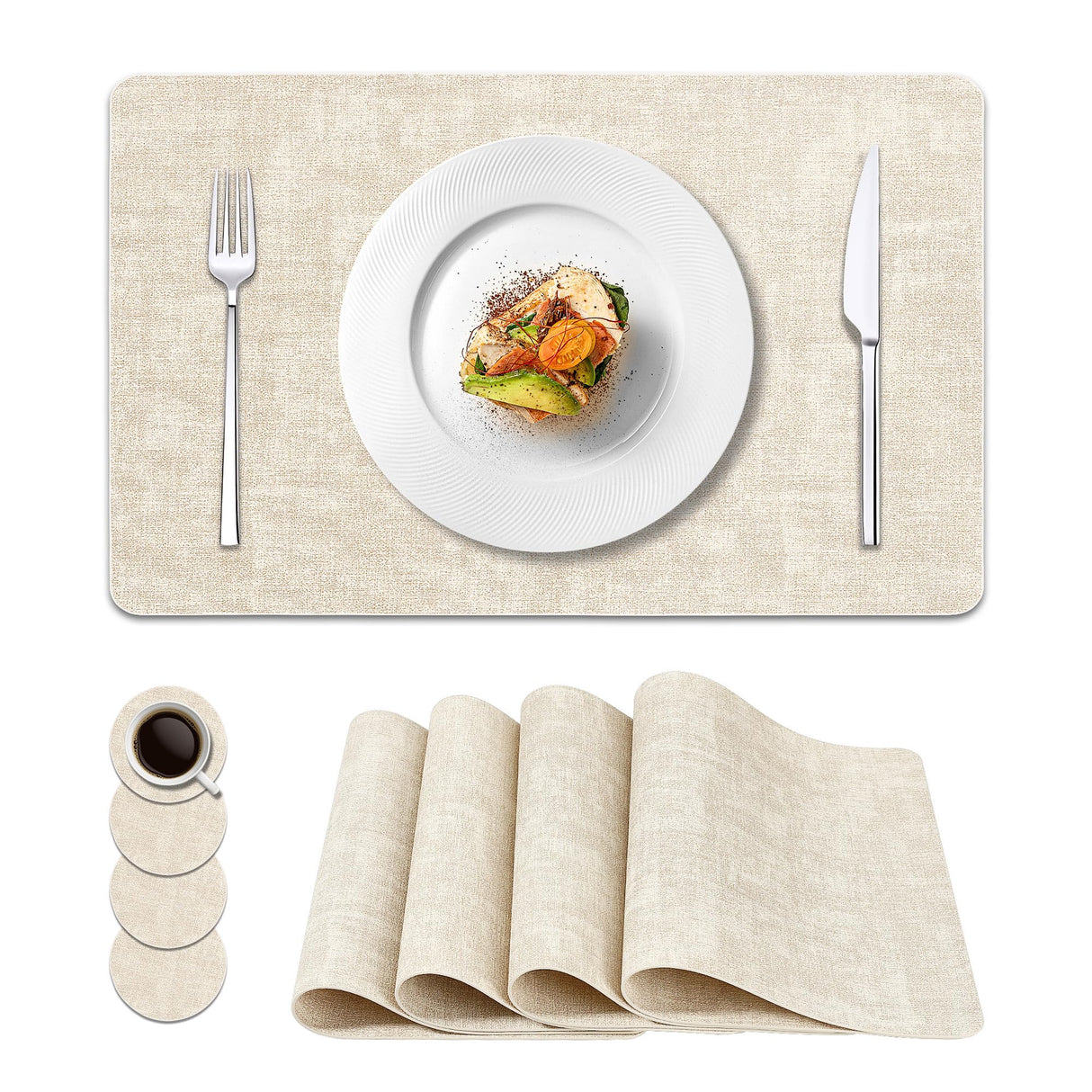Vinyl Placemats Set of 4, Faux Leather Waterproof and Heat Resistant Place Mats, Washable Anti-Slip Table Mats with Coaster, Wipeable Placemats for Indoor & Outdoor 17" x 12" (Beige, Set of 4) NCUE