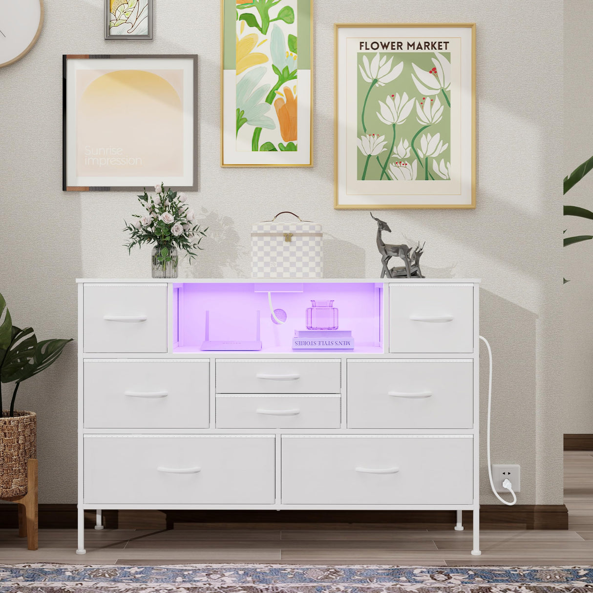 Simoretus Dresser with Charging Station and LED Light for Bedroom 8 Fabric Drawers with PU Finish Long Wide Dresser Chest of Drawers Open Shelf for Living Room TV Stand Closet Hallway (White) Simoretus