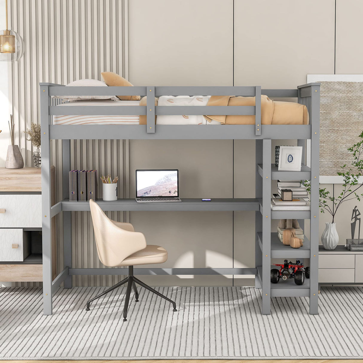 Merax Wood Loft Bed with Desk : Full Size Loft Bed with 4-Storage Shelves and Under Bed Desk Solid Wood Bed, Grey Merax