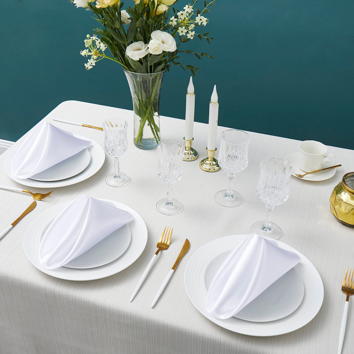 Counfeisly 12 Pack Square Satin Dinner Napkins, 20x20 Inches Silky Soft Smooth Table Cloth Napkins for Restaurant Weddings Banquet Party Decoration, White WoodArtSupply