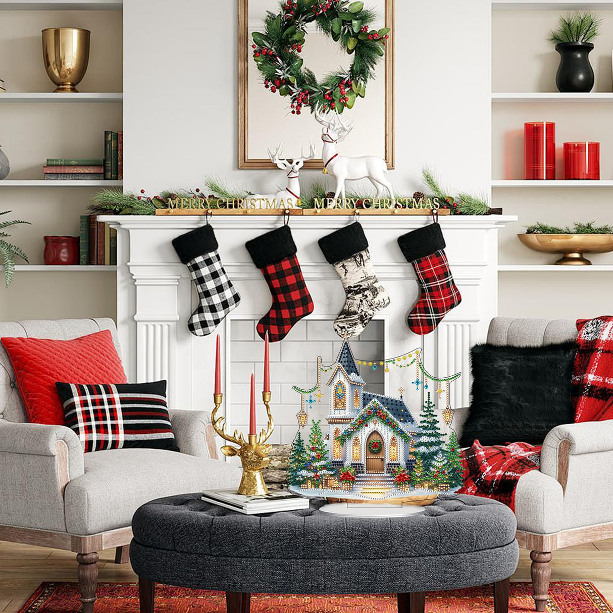 JJFox DIY Tabletop Diamond Art Painting Kit,Special Shaped Rhinestone Desk Placement Ornament,Home Stand Up Gem Painting Craft Kit,Gift,Double Sided. (Christmas House-2) JJFox