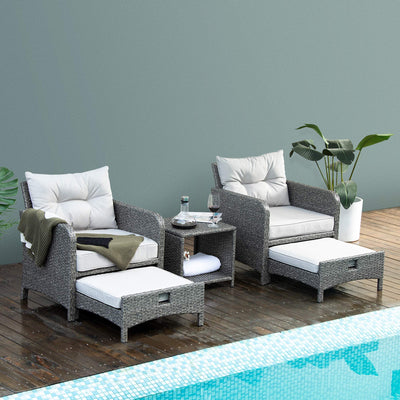 Pamapic 5 Pieces Outdoor Patio Wicker Chairs Set with Ottoman Outside Conversation Furniture Set with Cushions and Coffee for Balcony Porch Lawn Garden Table(Grey Cushion+Light Grey Rattan)