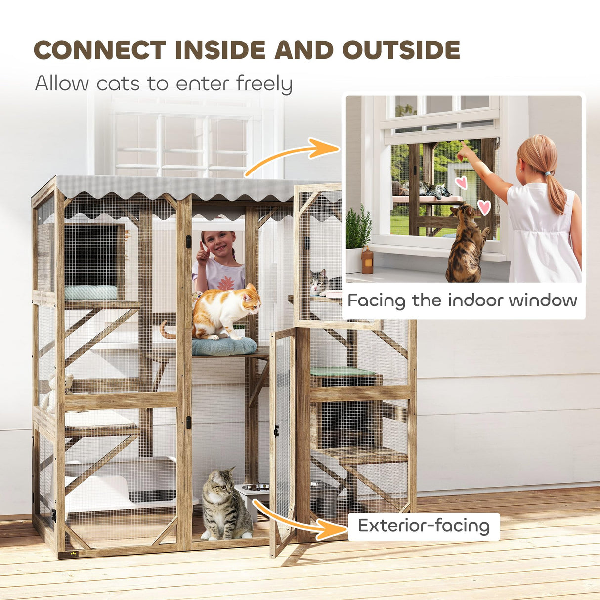 PawHut Catio Outdoor Cat Enclosure, Wooden Cat House with Window Access, 5 Platforms and 2 Resting Box, Waterproof Roof, Kitty Cage for Multiple Kittens, 59" H, Brown PawHut