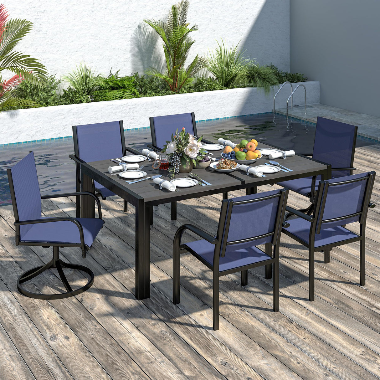 SEGMART 7-Piece Outdoor Patio Dining Set for 6, 59” Table with 4 Textilene Dining Chairs & 2 Swivel Chairs, Patio Furniture Set with Durable Metal Frame for Backyard Garden, Deck, and Poolside (Blue) SEGMART