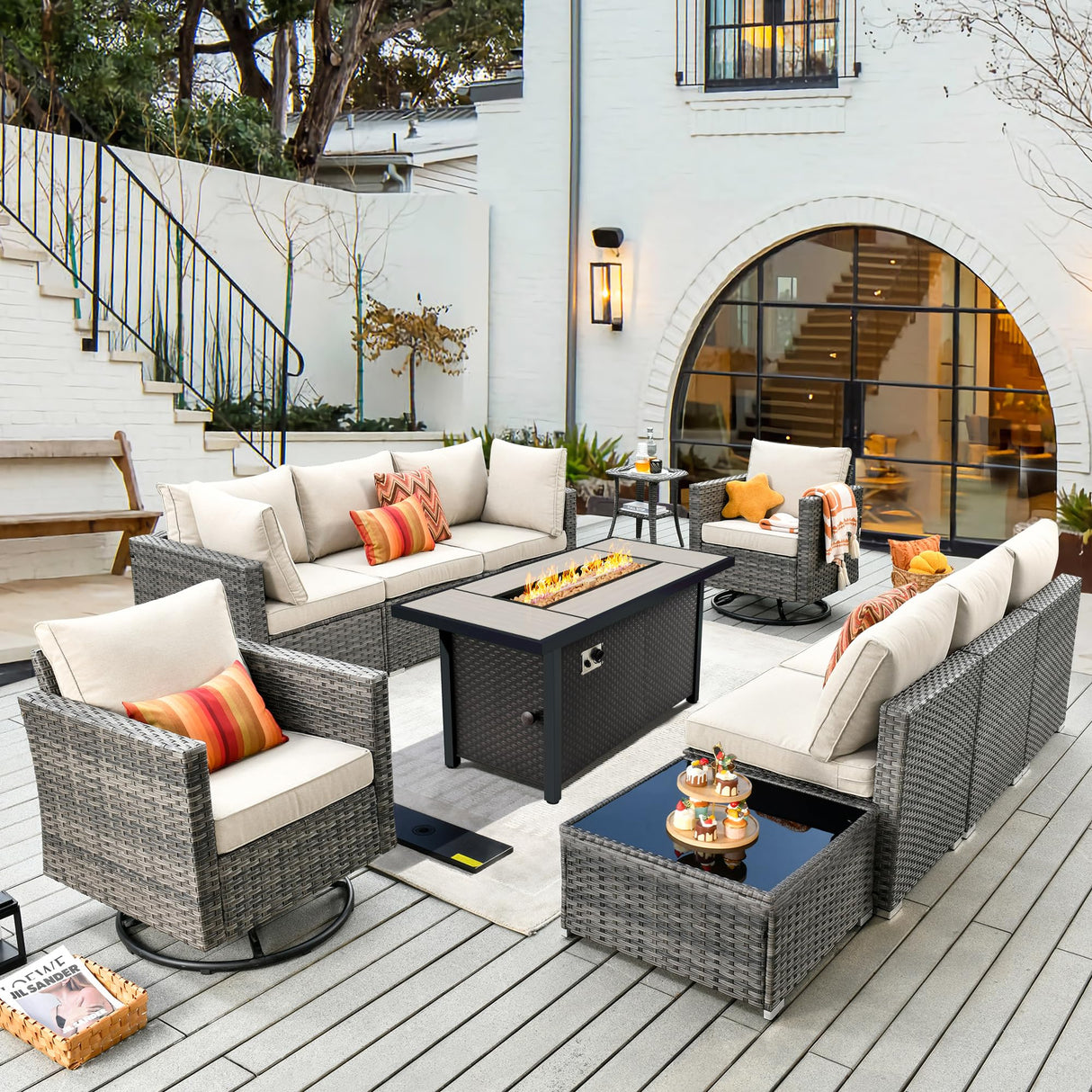 CAODOC 11 Piece Outdoor Patio Furniture Set with 53" Fire Pit Table, Wicker Sectional Conversation Set Whit Swivel Chairs,Modern Outside Sofa for Balcony Backyard(Beige) CAODOC