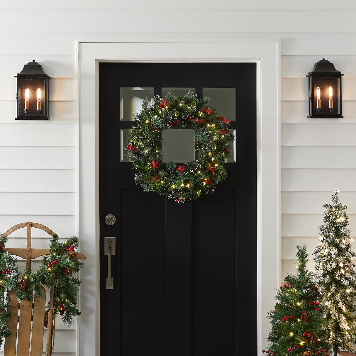 National Tree Company Pre-Lit Artificial Christmas Wreath, Green, Wintry Pine, White Lights, Decorated with Pine Cones, Berry Clusters, Frosted Branches, Christmas Collection, 24 Inches National Tree Company