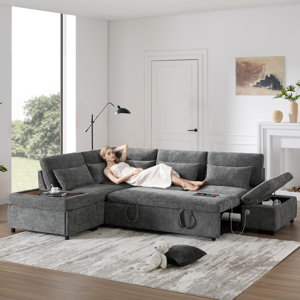 Merax 107'' L Shape Modular Sectional Pull-Out Sofa with Wide Seats & Movement Storage Ottoman & USB & Adjustable Armrests, Free Combination Oversize Chenille Sofa for Living Room & Apartment, Grey Merax