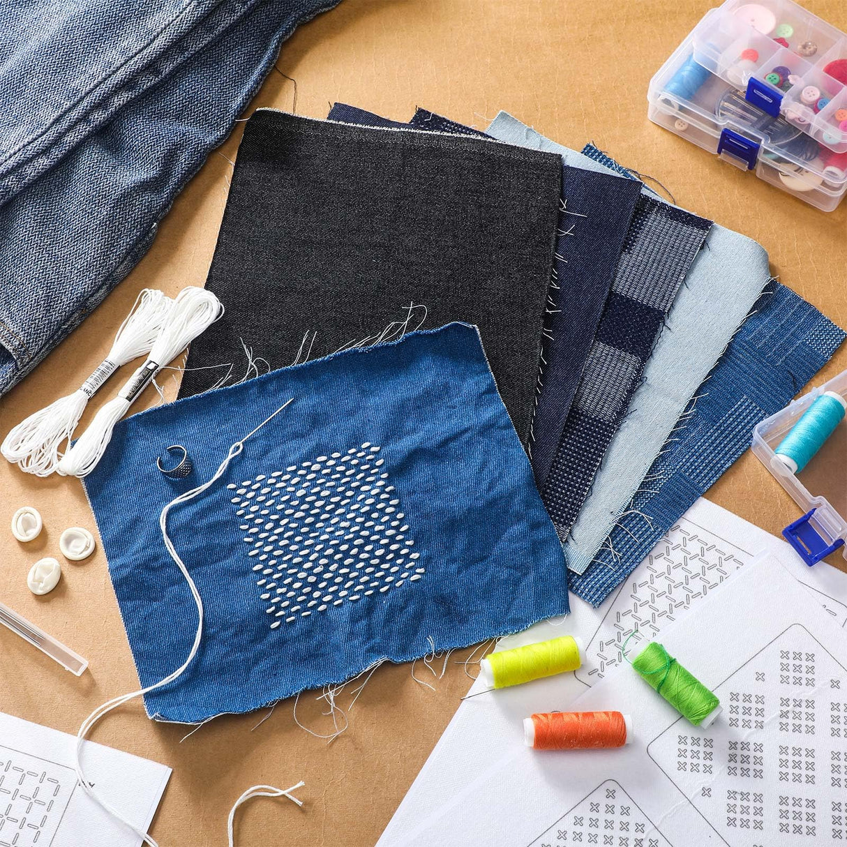 Hahafelt Sashiko Kit Sashiko Thread and Needles Thimble Denim Fabric Water Soluble Japanese Embroidery Kit for Beginners Hand Quilting and Mending, Sewing Supplies Hahafelt