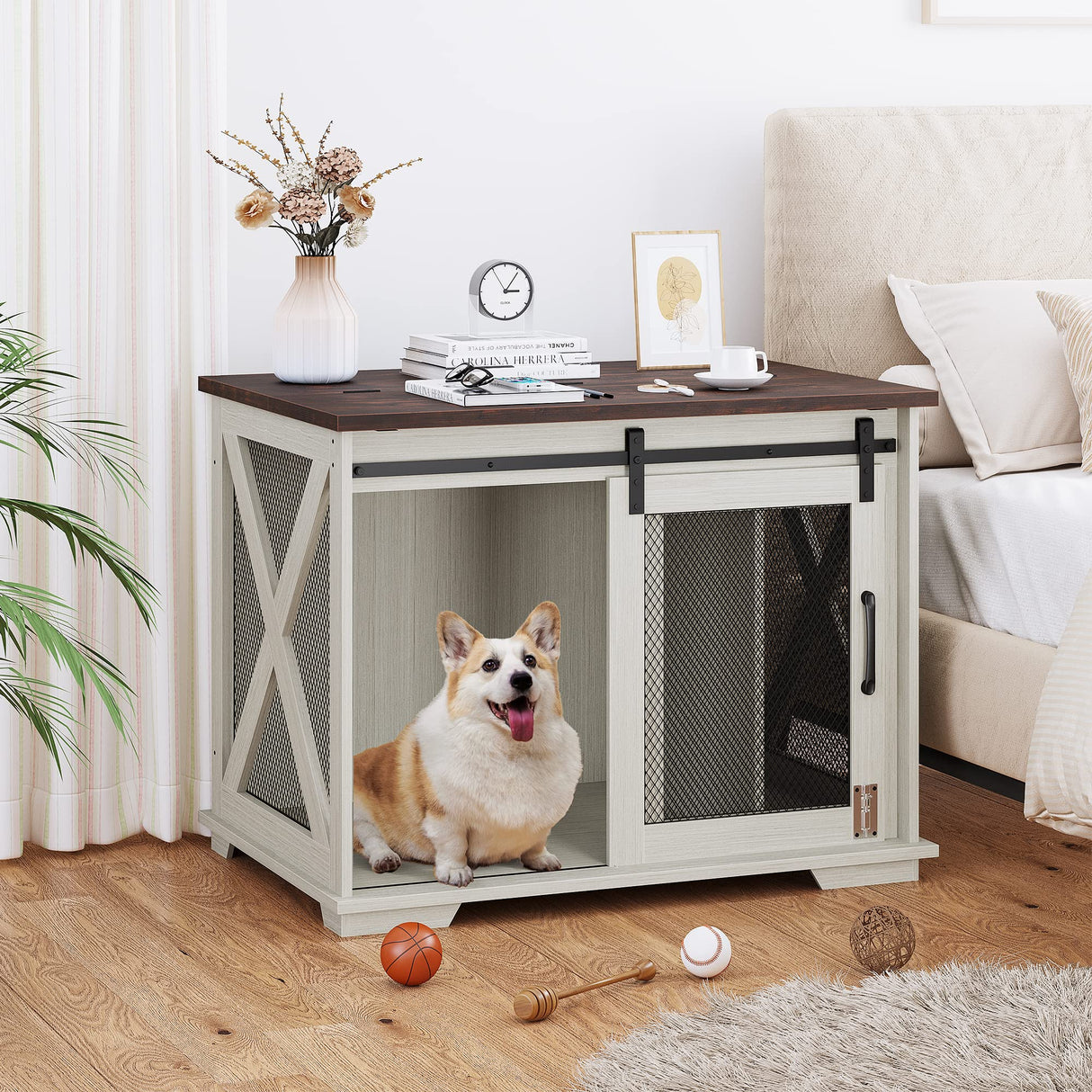 GAOMON 37'' Sliding Barn Door Dog Crate Furniture with Flip Top and Movable Divider, Wooden Dog Crate Table, Dog Kennel Side End Table, Furniture Style Large Dog House, White GAOMON