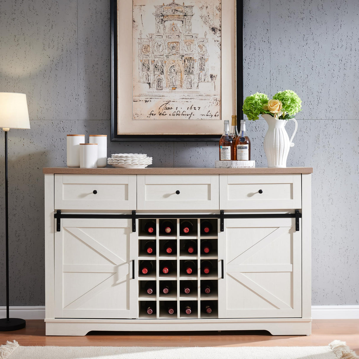 Kavonty Farmhouse Wine Bar Cabinet with Sliding Barn Door, Kitchen Coffee Bar Cabinet with Wine Rack, Storage Shelves, 3 Drawers, Large Buffet Sideboard for Dining Room, Antique White Kavonty