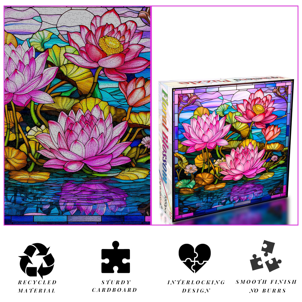 Bgraamiens Puzzle- Stained Glass Flower Puzzles for Adults 1000 Pieces, Art Puzzles,Impossible Hard Challenging Puzzles for Adults, Colorful Stained Glass Jigsaw Puzzle(Floral Blossom) Bgraamiens