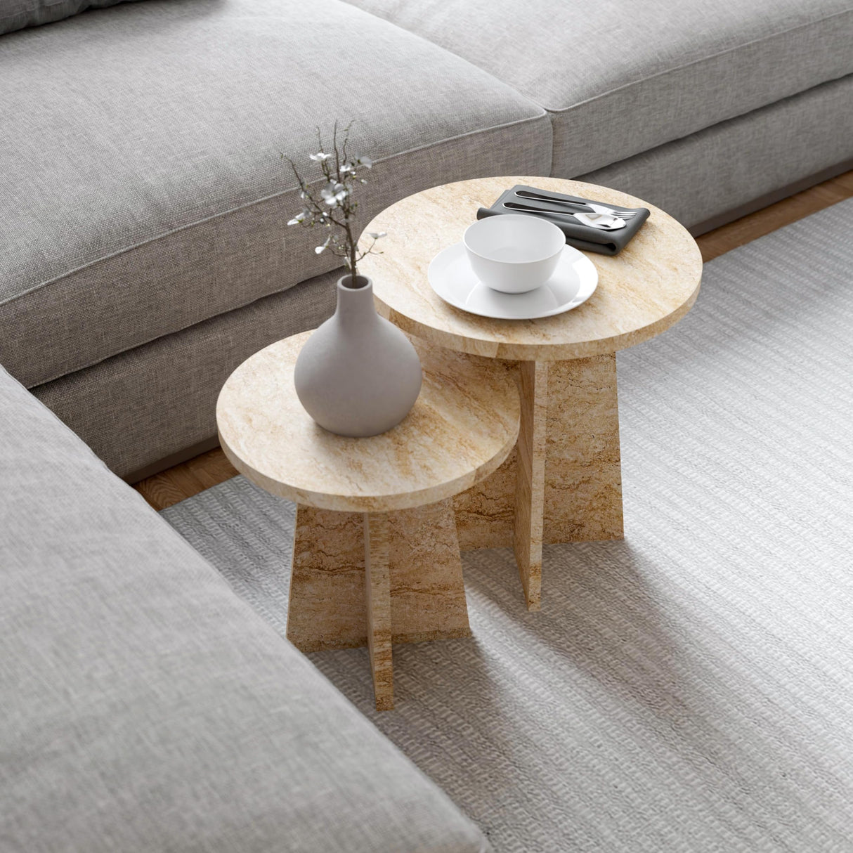 Travertine Efect Round Nesting Coffee Table Set of 2 Modern Coffee Table Small Side Table End Table for Living Room noadre